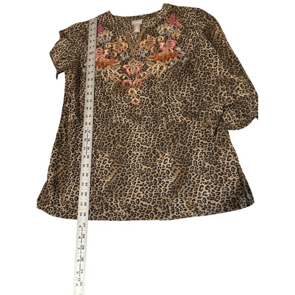 Chicos Embroidered Leopard Print Tunic Top With Bell Sleeves Size 0 100% Cotton - Picture 8 of 9
